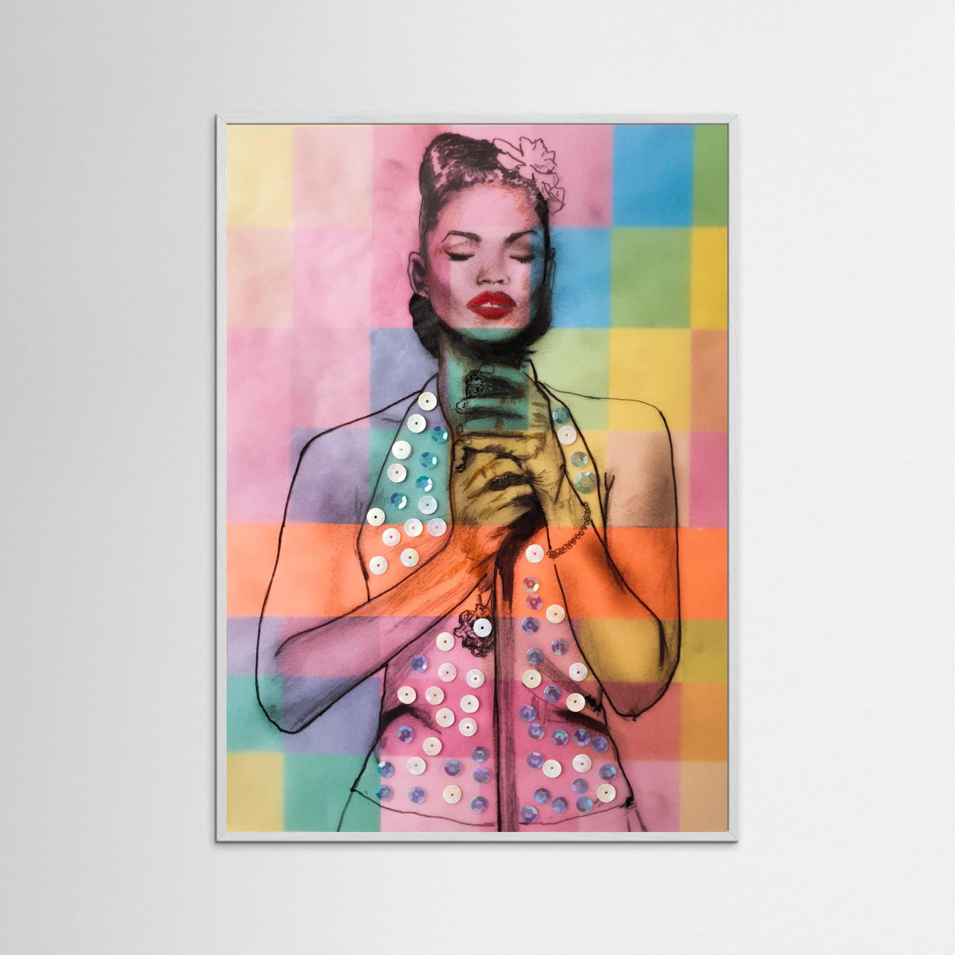 LADY IN SEQUIN TOP BATHED IN COLOURED SQUARES - 2021 - BY AKABEBRESE