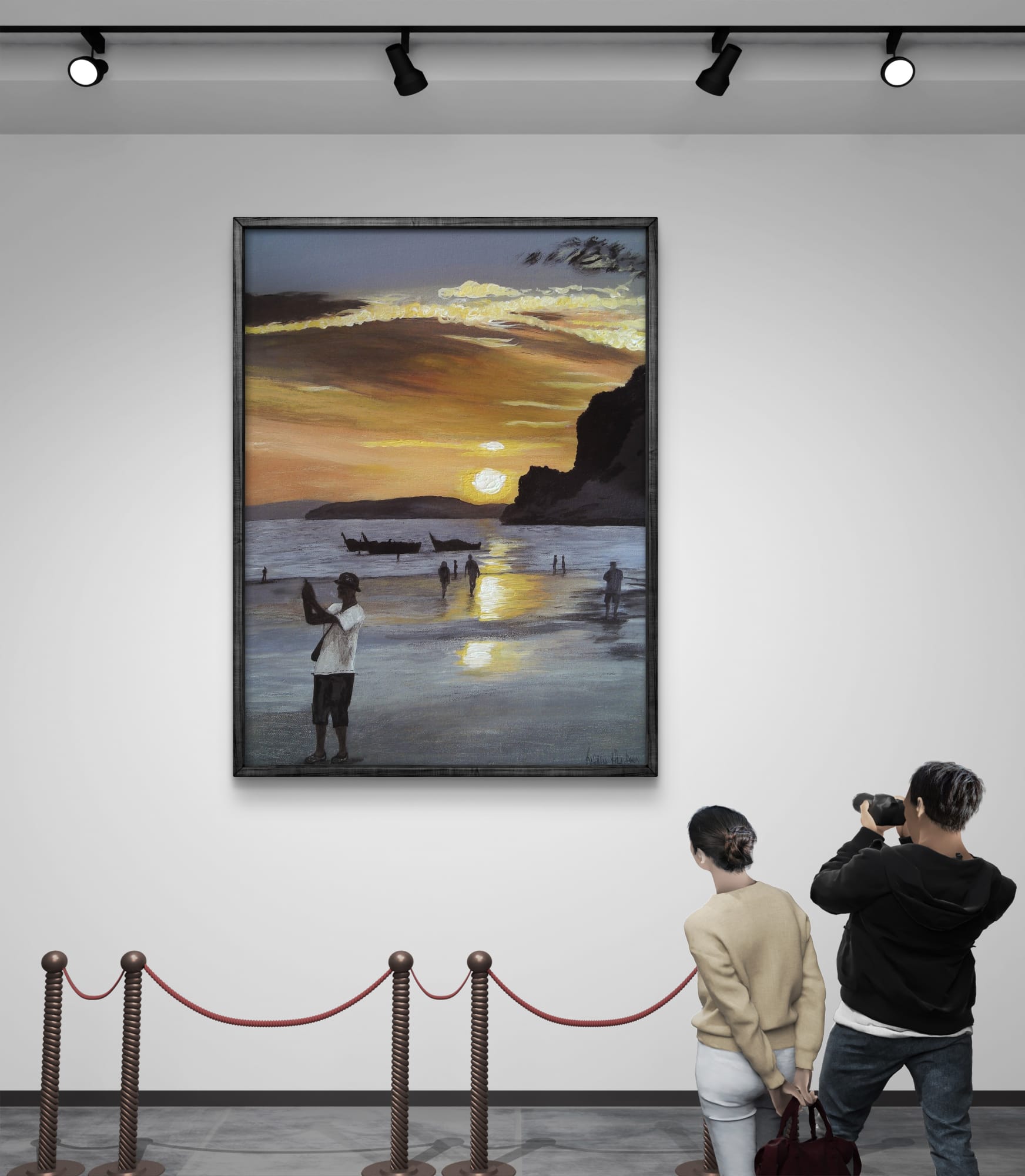 Art lovers admire "AO NANG BEACH - by AKABEBRESE," showcasing vibrant sunset hues and serene beach scenes.