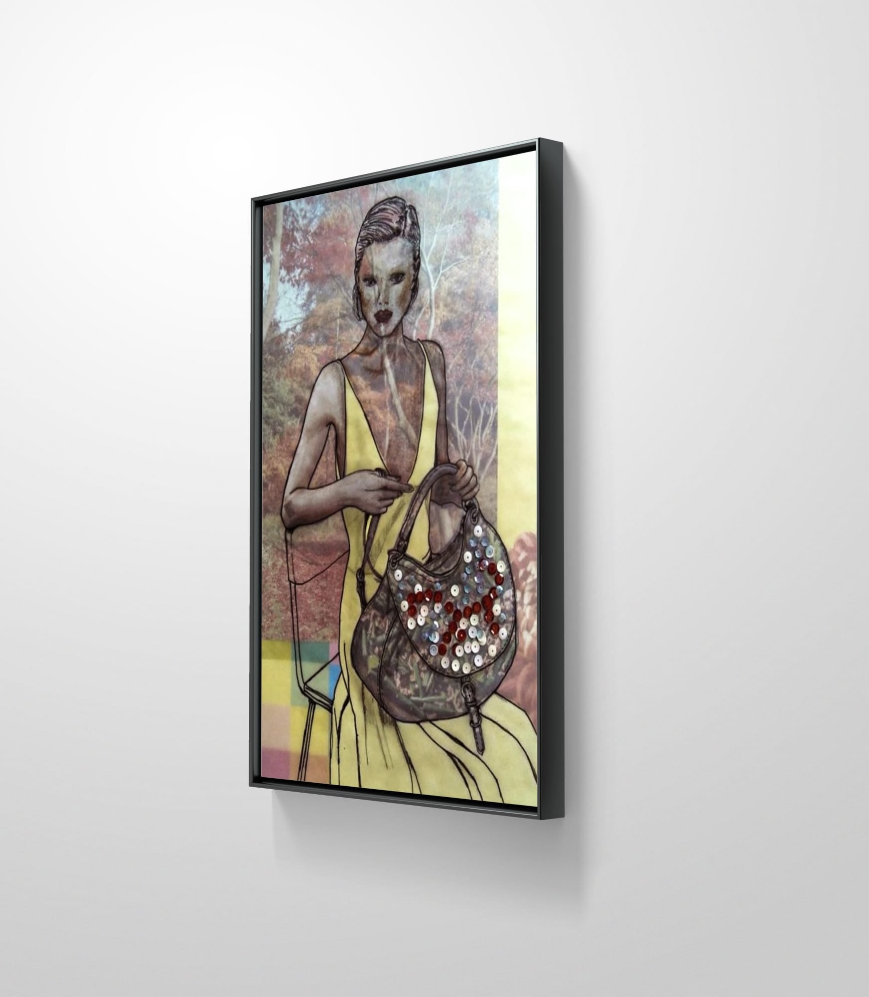 Framed artwork of a woman holding a handbag on a white wall