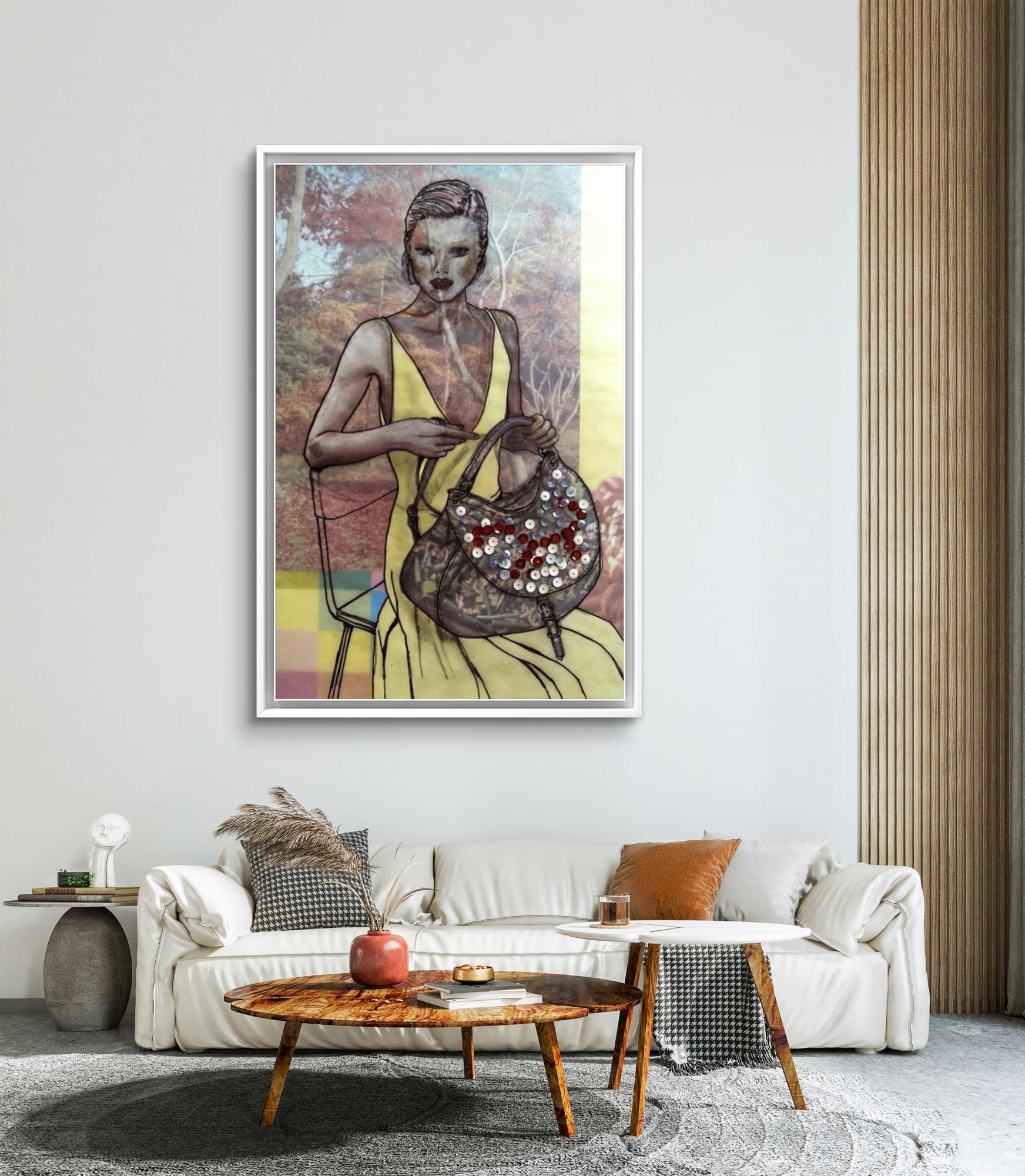 Framed artwork - LADY WITH SEQUIN BAG in a living room setting.