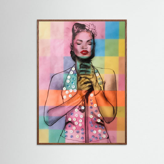 LADY IN SEQUIN TOP BATHED IN COLOURED SQUARES - 2021 - BY AKABEBRESE