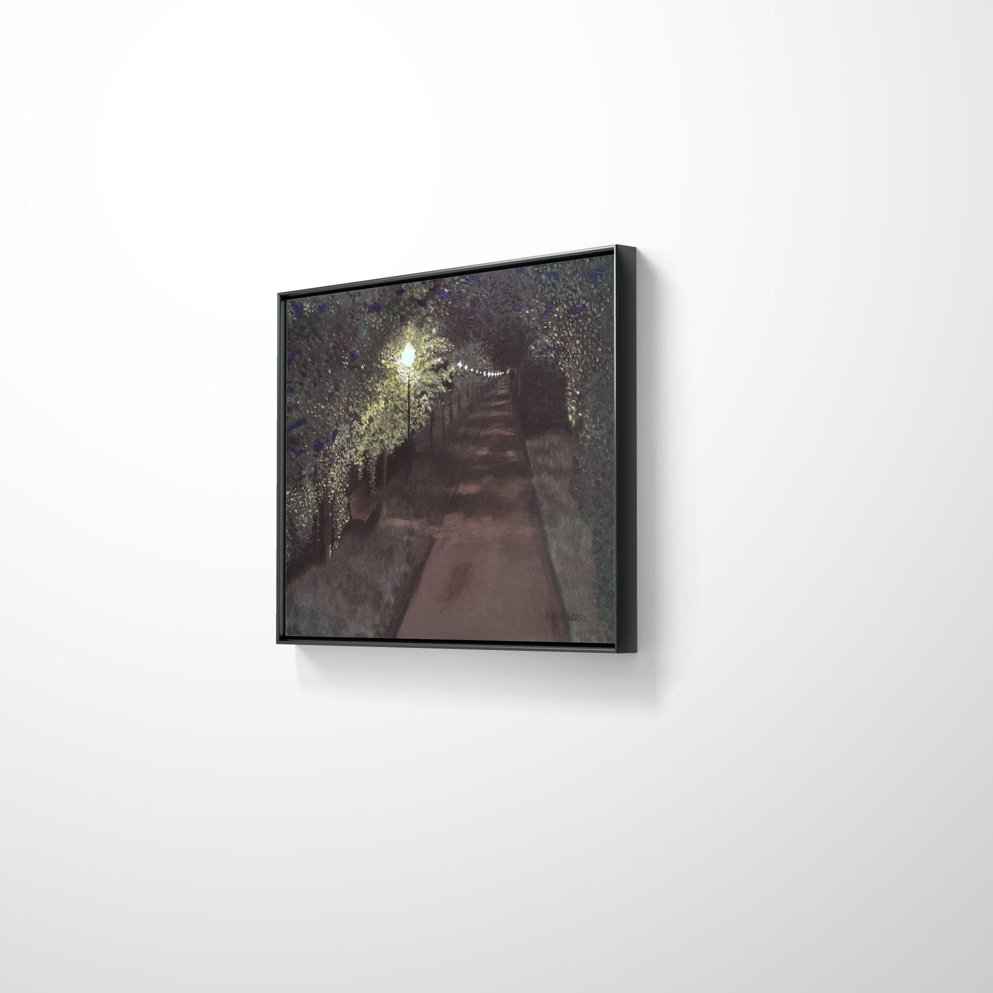 Framed artwork of a garden path with lights on a white wall - COLD BLOW LANE