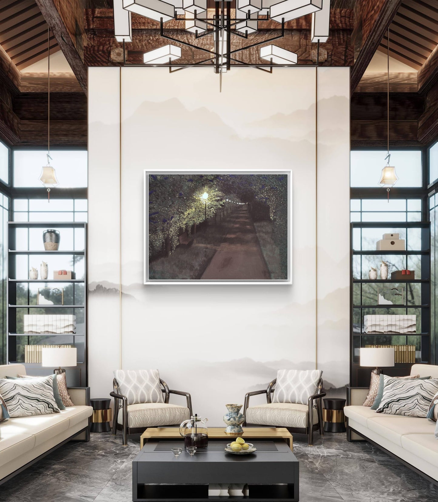 Modern living room with a painting on the wall, bookshelves, and decorative items.