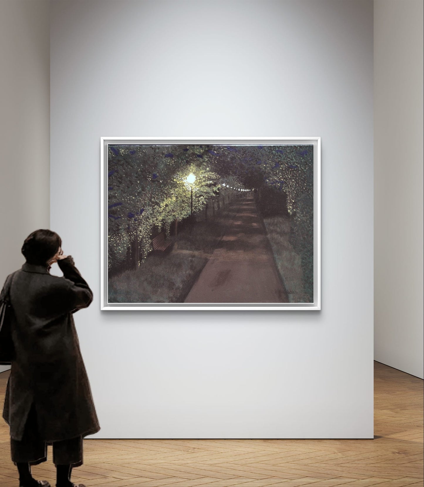 Person taking a photo of a painting of a garden path with lights on a wall.