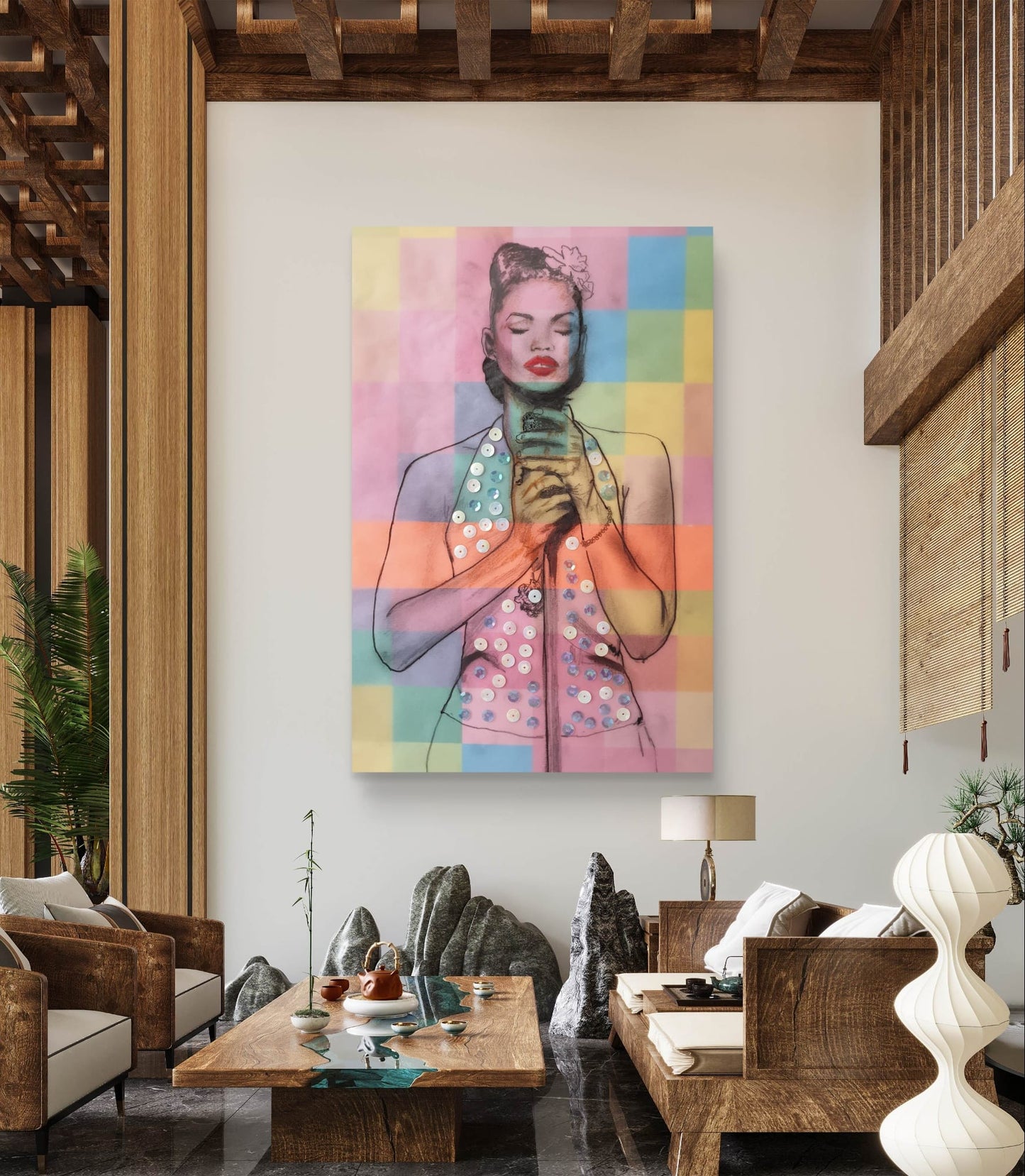 LADY IN SEQUIN TOP BATHED IN COLOURED SQUARES - BY AKABEBRESE