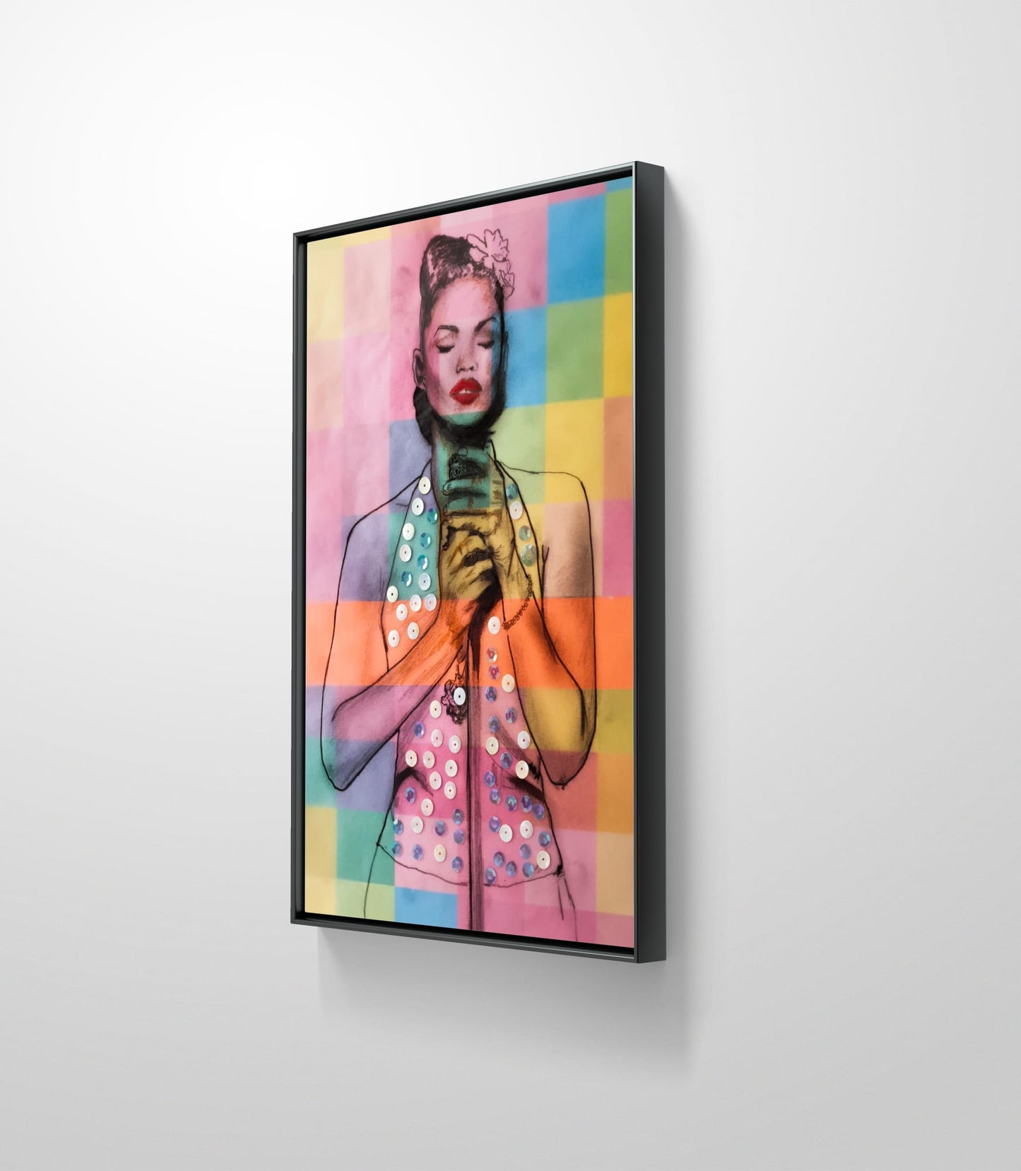 LADY IN SEQUIN TOP BATHED IN COLOURED SQUARES - BY AKABEBRESE
